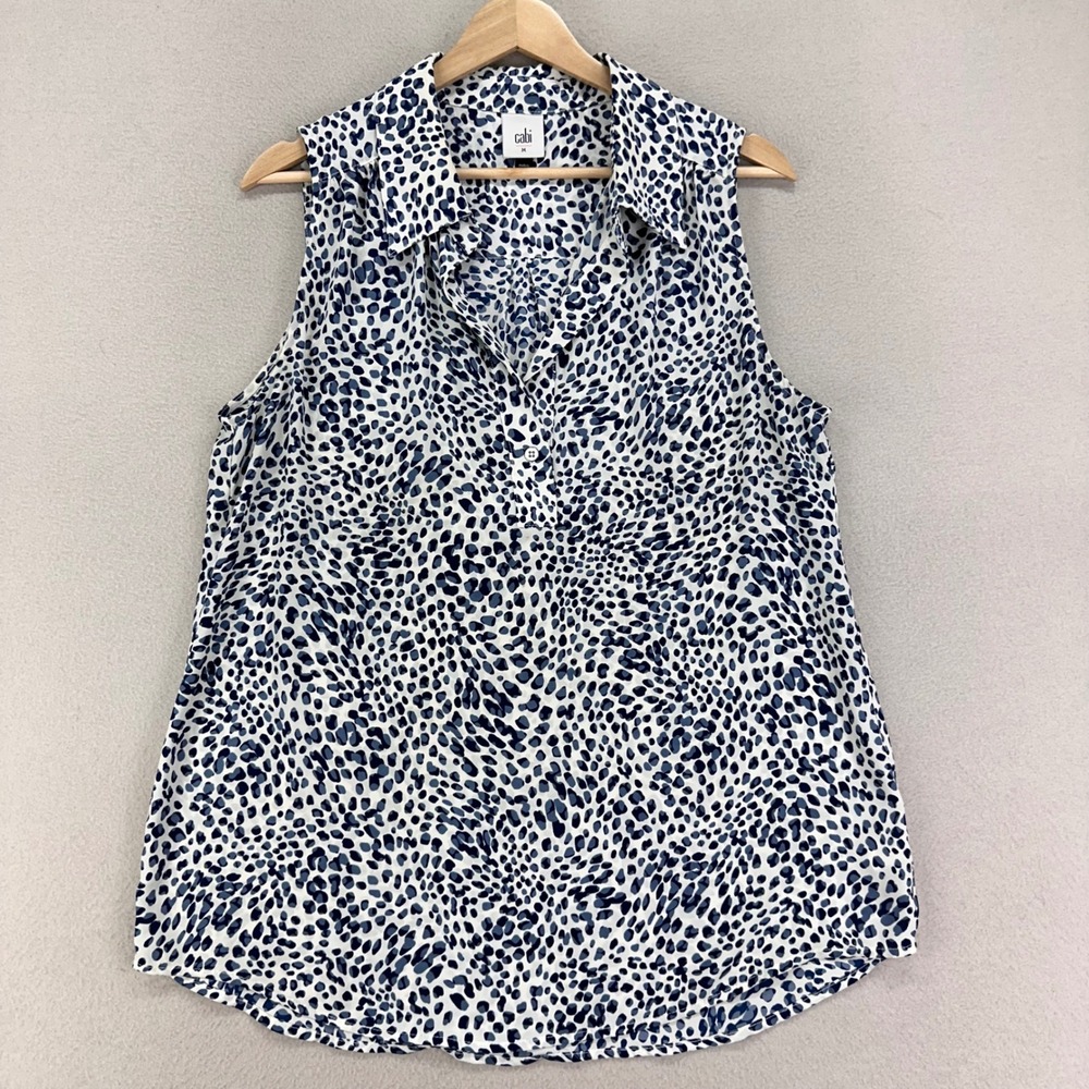 Cabi Sleeveless Blouse Womens M Blue White Polka Dot Collard Career‎